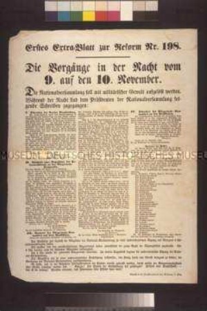Flugblatt: Die Vorgänge in der Nacht vom 9. auf den 10. November / Außerordentliche Sitzung der National-Versammlung. Extrablätter der Reform Nr. 198