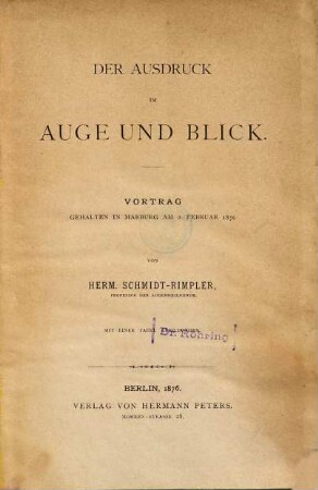 Der Ausdruck im Auge und Blick : Vortrag gehalten in Marburg am 2. Febr. 1876