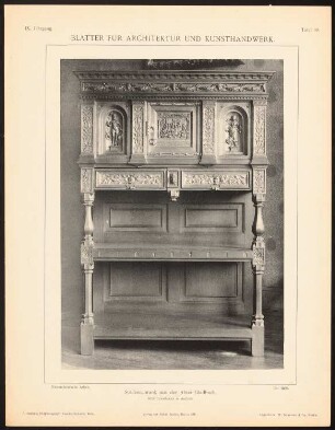 Stollenschrank aus der Abtei, Gladbach: Ansicht Stollenschrank (aus: Blätter für Architektur und Kunsthandwerk, 9. Jg., 1896, Tafel 60)