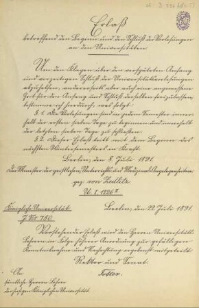 Erlaß betreffend den Beginn und den Schluß der Vorlesungen an den Universitäten