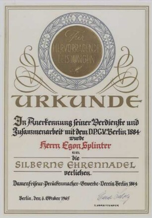 URKUNDE an Egon Splinter "Für HERVORRAGENDE LEISTUNGEN ..."