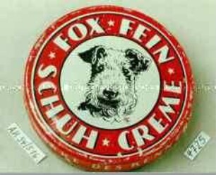 Blechdose für "FOX FEIN SCHUH CREME" (Abbildung eines Hundekopfes)