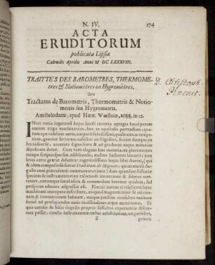 N. IV. [...] Calendis Apriliis Anni M. DC. LXXXVIII.