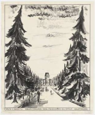 Erweiterung der Friedhöfe, Stolp: Perspektivische Ansicht mit Blick in die Hauptachse auf die Kapelle