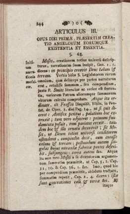 Articulus III. Opus Diei Primæ, Præsertim creatio Angelorum eorumque Existentia et Essentia.