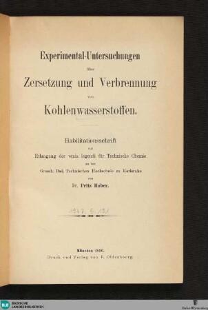 Experimental-Untersuchungen über Zersetzung und Verbrennung von Kohlenwasserstoffen