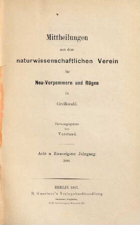 Mitteilungen aus dem Naturwissenschaftlichen Verein für Neu-Vorpommern und Rügen in Greifswald. 28. 1896 (1897)