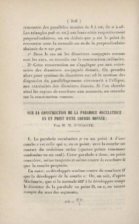Sur la construction de la parabole osculatrice en un point d'une courbe donnée.