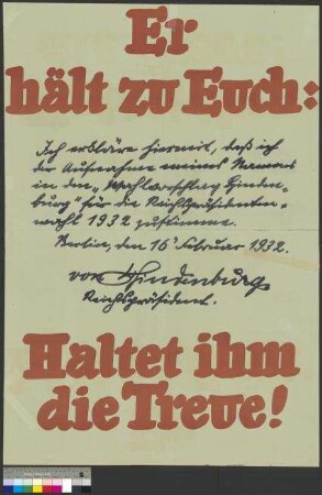 Wahlplakat zur Reichspräsidentenwahl am 13. März 1932 für den Kandidaten Paul von Hindenburg