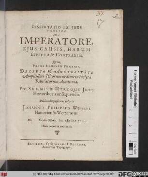 Dissertatio Ex Iure Publico De Imperatore, Eius Causis, Harum Effectu & Contrariis