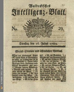 No. 29, Dienstag den 16. Julius 1782