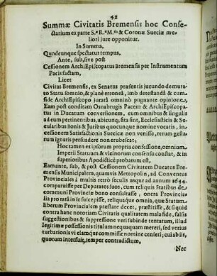 Summæ Civitatis Bremensis hoc Consectarium ex parte S.æ R.æ M. tis & Coronæ Sueciæ meliori jure opponitur.