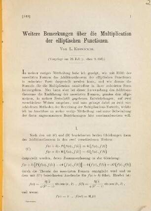 Weitere Bemerkungen über die Multiplication der elliptischen Functionen