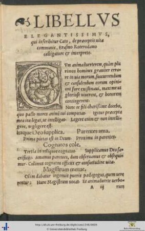 Cato de præceptis vitæ communis Erasmo Roterodamo castigatore et interprete