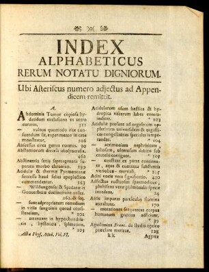 Index Alphabeticus Rerum Notatu Digniorum