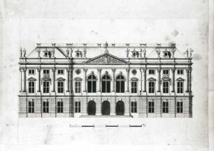 Entwurf für ein Schloss : Entwurf für ein Schloss. Aufriss. Blatt 28. Feder, Tusche, laviert; 50,7 x 37,0 cm (Blattgröße). Aus: Plans et elevations des differentes maisons et batiments, 1750. Verwalter: Sächsische Landesbibliothek - Staats- und Universitätsbibliothek Dresden (SLUB) Archit.269
