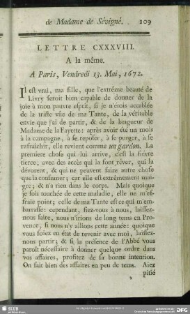Lettre CXXXVIII. A la même. A Paris, Vendredi 13. Mai, 1672