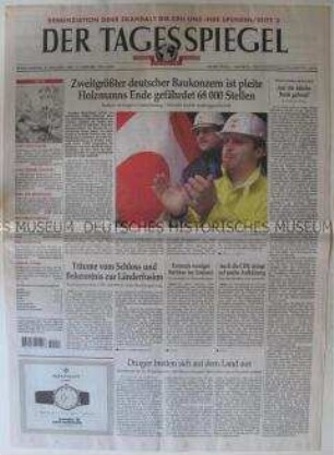 Berliner Tageszeitung "Tagesspiegel" mit Titelstory über die Pleite des Baukonzerns Holzmann