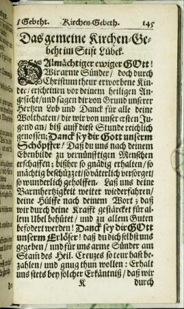 Das gemeine Kirchen-Gebeht im Stift Lübek.