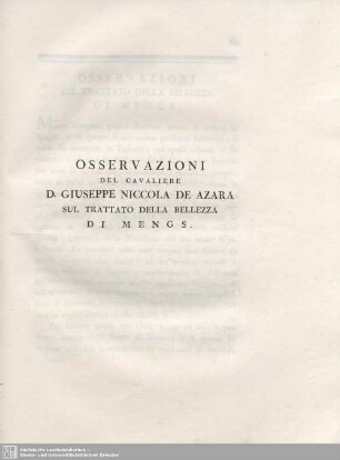 Osservationi Del Cavaliere D. Giuseppe Niccola De Azara Sul Trattato Della Bellezza Di Mengs.