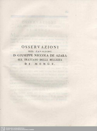 Osservationi Del Cavaliere D. Giuseppe Niccola De Azara Sul Trattato Della Bellezza Di Mengs.
