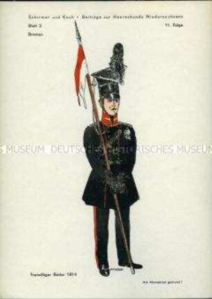 Uniformdarstellung, Gemeiner des Freiwilligen Reiter-Regiments, Bremen, 1814.