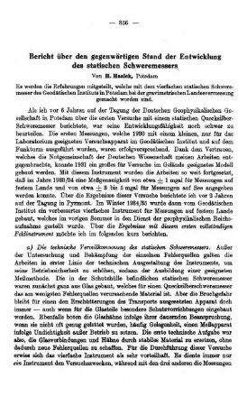 Bericht über den gegenwärtigen Stand der Entwicklung des statischen Schweremessers