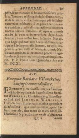 XIV. Exequiae Barbarae Wanckeliae, conjugis concordissimae.