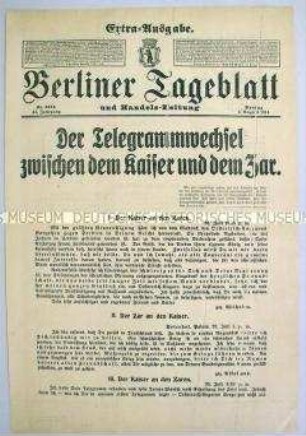 Extra-Blatt des "Berliner Tageblatt" zu den letzten diplomatischen Bemühungen um die Abwendung des Krieges mit Russland