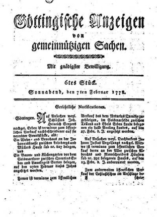 6tes Stück. Sonnabend, den 7ten Februar 1778.