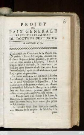 Projet De Paix Generale : A Dresde 1759.