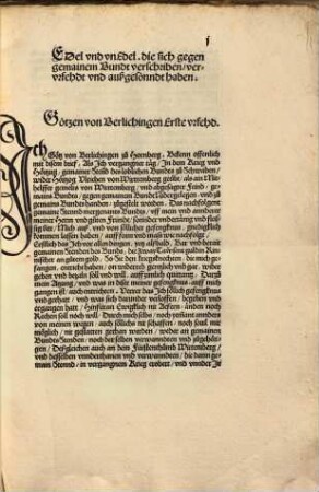 Copeyen der Verschreybungen, Vrfehden vnd Außsönungen gegen gemaiem Bundt zu Schwaben. [et]c.