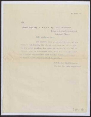 Schreiben an C. Fest, Diplom-Ingenieur, Kgl. Regierungsbauführer, Fallingbostel (Brief)
