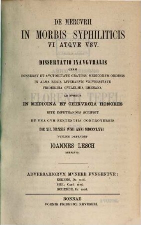 De mercurii in morbis syphiliticis vi atque usu : Diss. inaug.
