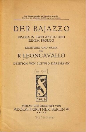 Der Bajazzo : Drama in zwei Akten und einem Prolog