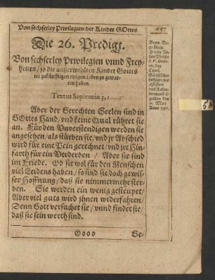 Die 26. Predigt. Von sechserley Privilegien unnd Freyheiten ...