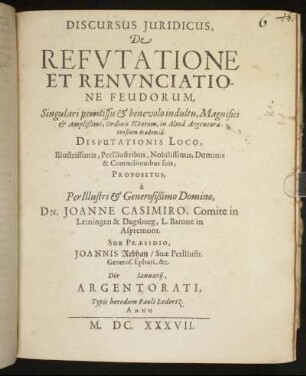Discursus Iuridicus, De Refutatione Et Renunciatione Feudorum