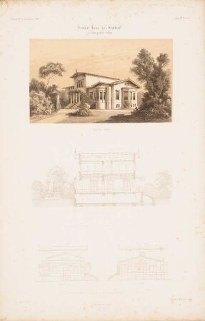 Herrenhaus, Ozorkow: Perspektivische Ansicht von der Gartenseite, Ansicht von Westen, Ansicht von Osten, Schnitt AB (aus: Atlas zur Zeitschrift für Bauwesen, hrsg. v. G. Erbkam, Jg. 7, 1857)