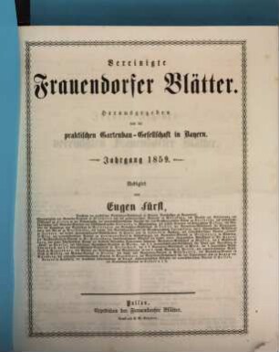 Vereinigte Frauendorfer Blätter : (allgemeine deutsche Gartenzeitung, Obstbaumfreund, Bürger- und Bauern-Zeitung). 1859