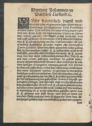 Hertzog Johannes zu Sachsen Curfurst etc.