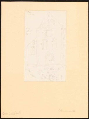 Kirche, Soroe: Perspektivische Vorderansicht und Details des Portals