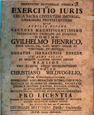 Dissertatio Inavgvralis Ivridica De Exercitio Iuris Circa Sacra Civitatum Imperial. Liberarum Protestantium