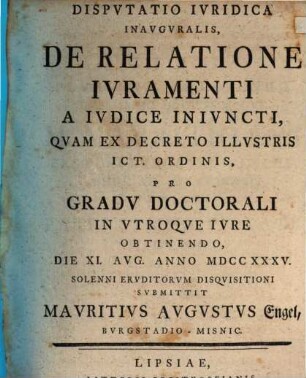 Disp. iur. inaug. de relatione iuramenti a iudice iniuncti