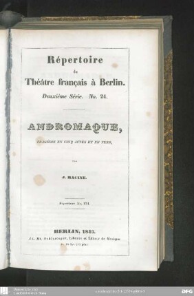 Andromaque : tragédie en cinq actes et en vers