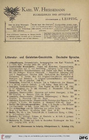Litteratur- und Gelehrten-Geschichte. Deutsche Sprache (Nr. 1 - 122)