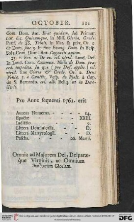 Pro Anno Sequenti 1761. erit