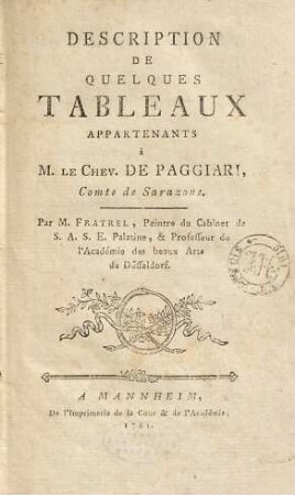 Description de quelques tableaux appartenants à M. le Chev. de Paggiari, Comte de Sarazone