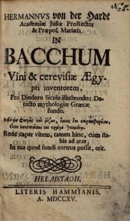 In Bacchum vini et cerevisiae Aegypti inventorem, pro Diodoro Siculo illustrando detecto mythologiae Graecae fundo
