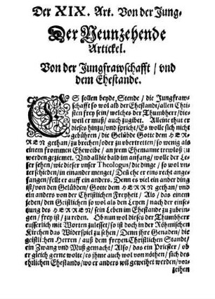 Der Neunzehende Artickel. Von der Jungfrawschafft/ und dem Ehestande.