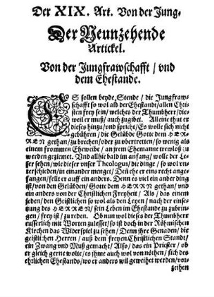 Der Neunzehende Artickel. Von der Jungfrawschafft/ und dem Ehestande.